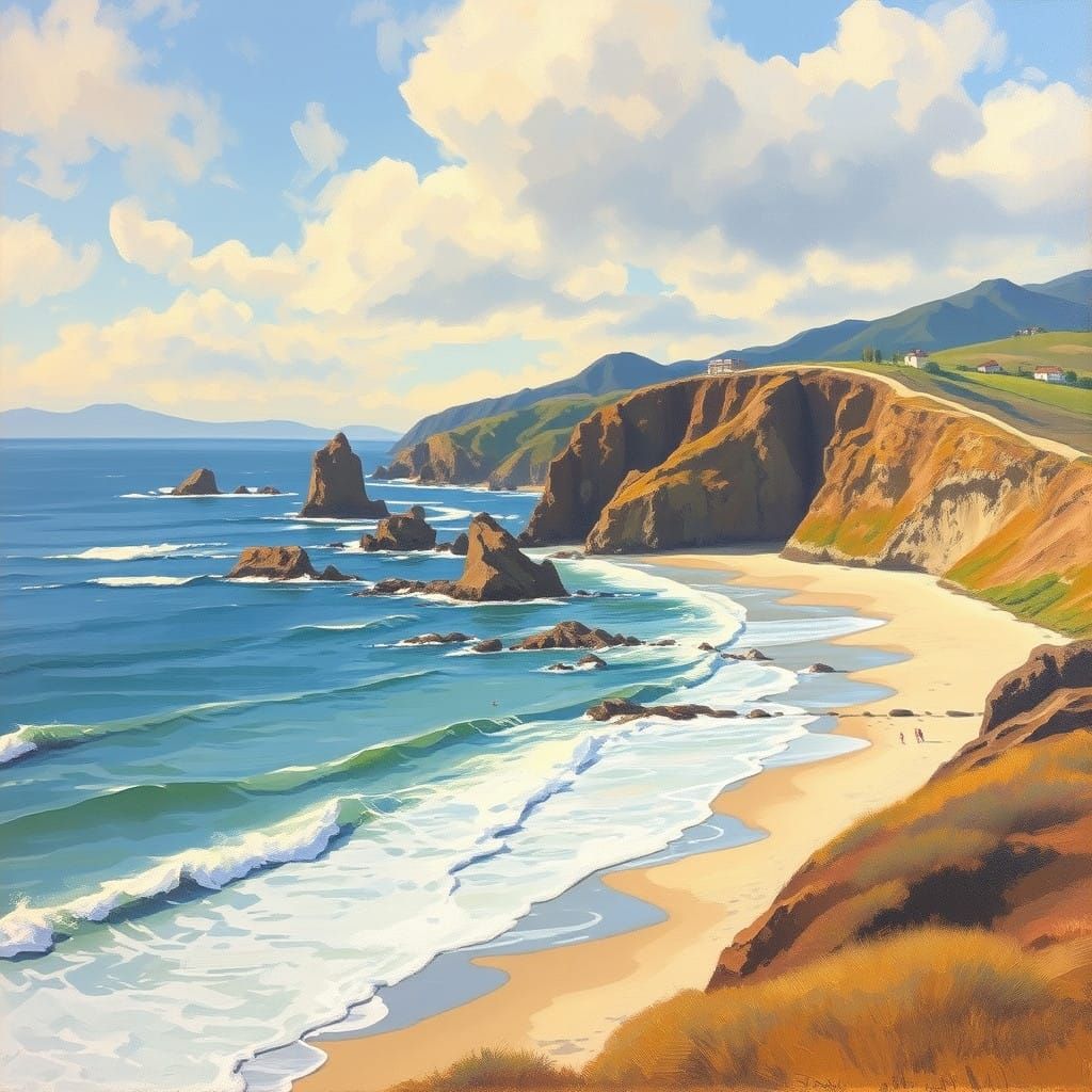 California Coastal Landscape in Expressive Oil Painting Styl...