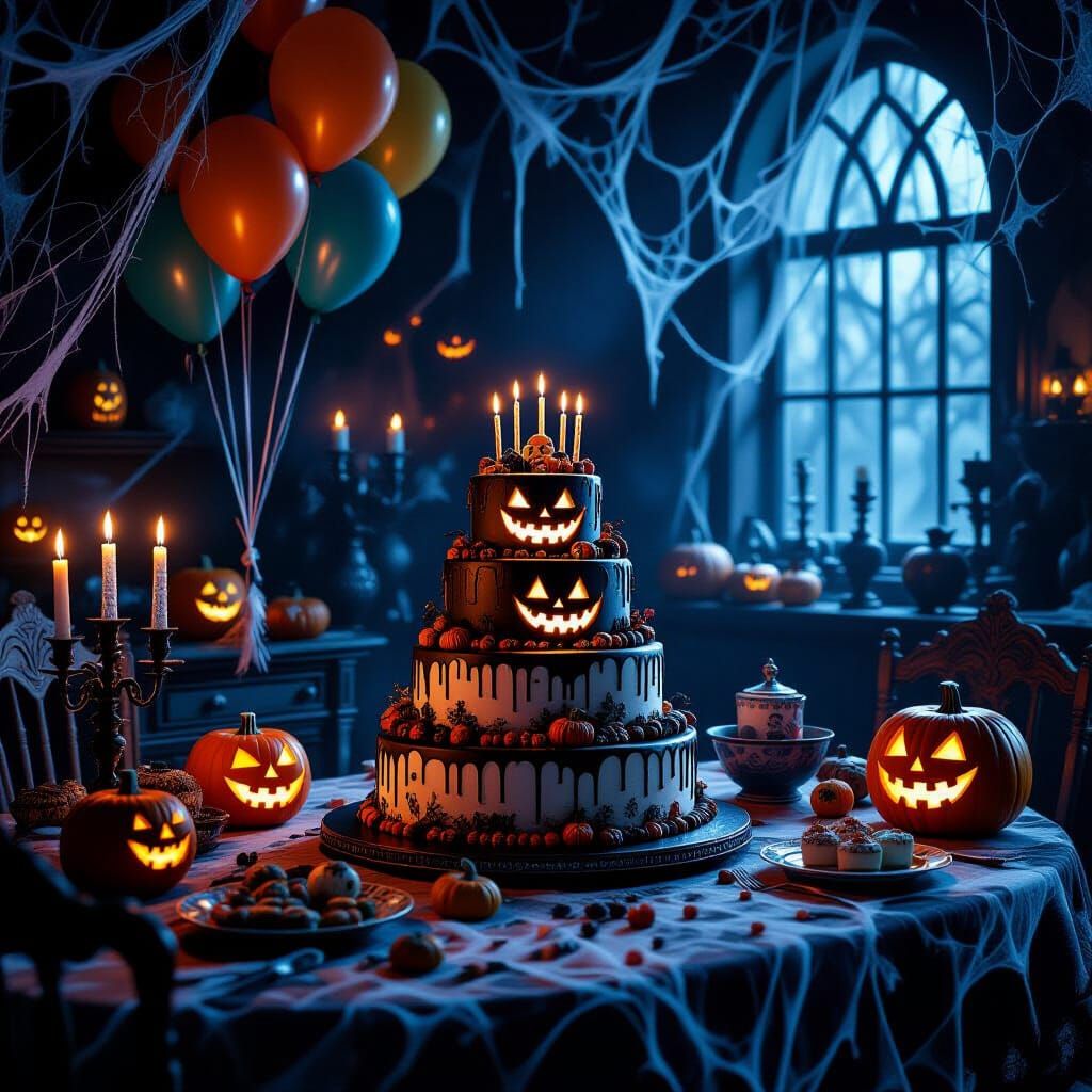 Spooky Birthday Party Scene in Gothic Fantasy Style