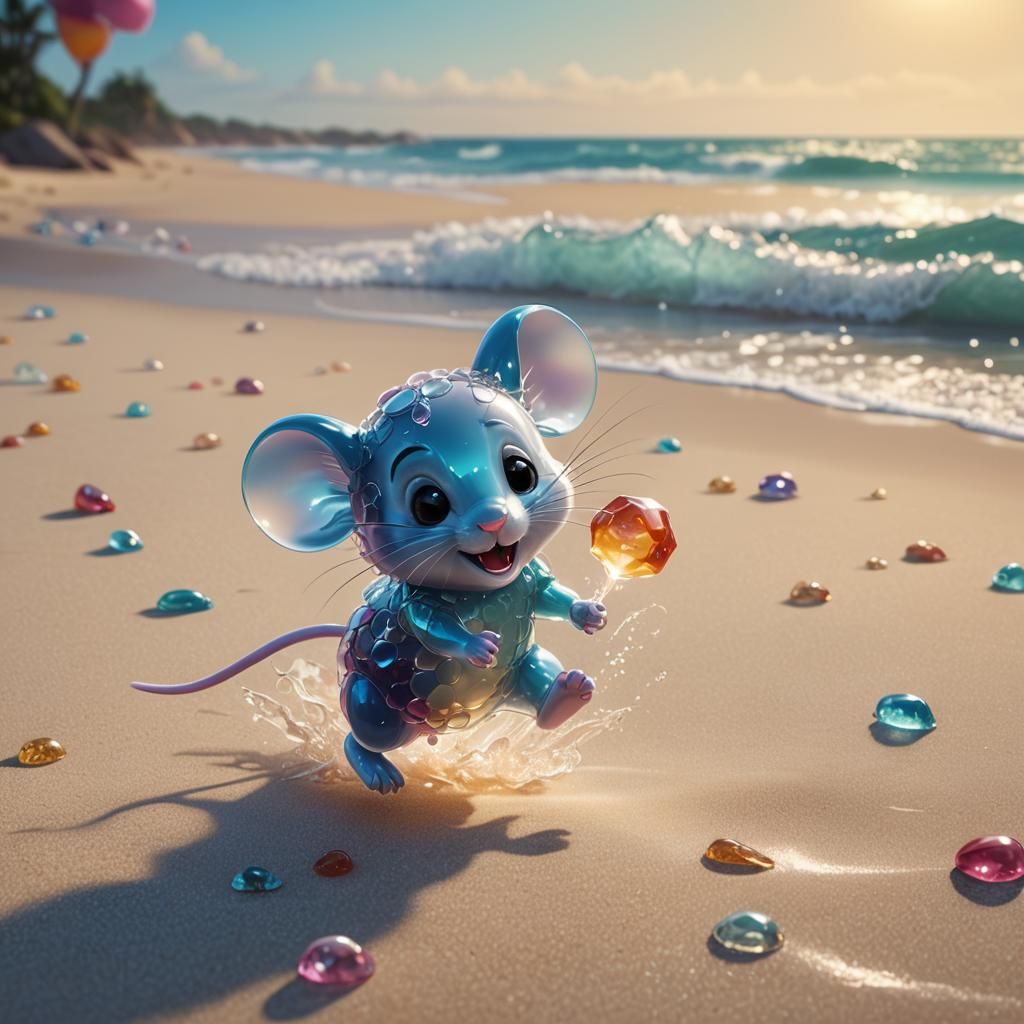 Cute Crystal Jelly Mouse Running on Beach