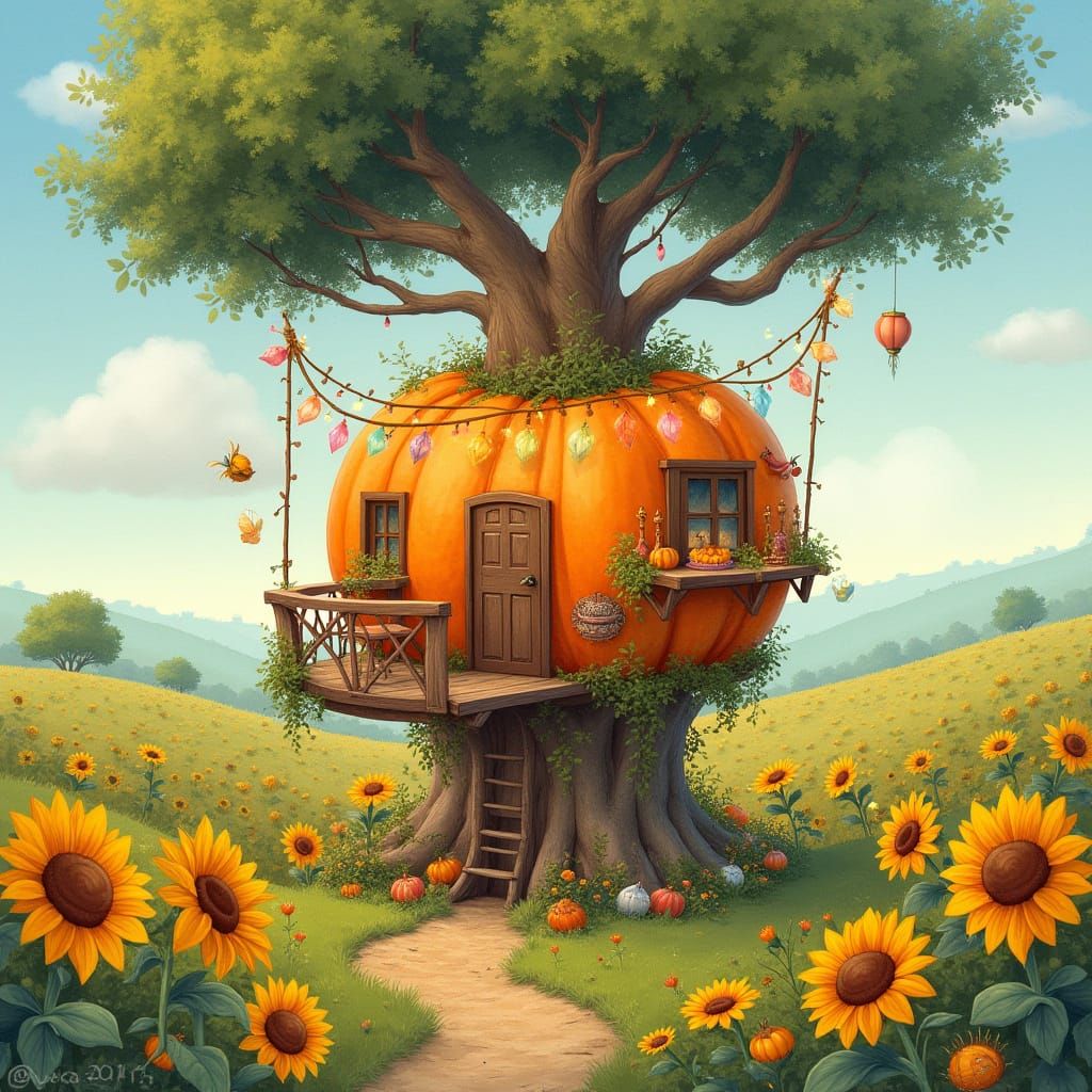 Whimsical Pumpkin Treehouse in Watercolor Style
