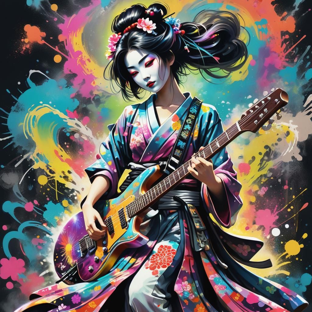 Psychedelic Geisha Guitarist in Graffiti Street Art