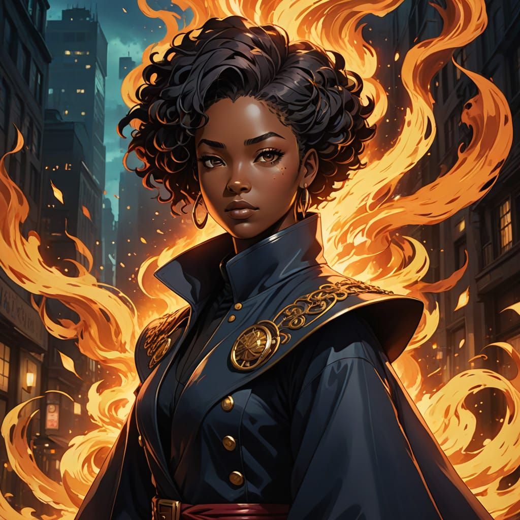 Empowered Woman in Flames: Anime-Inspired Digital Art