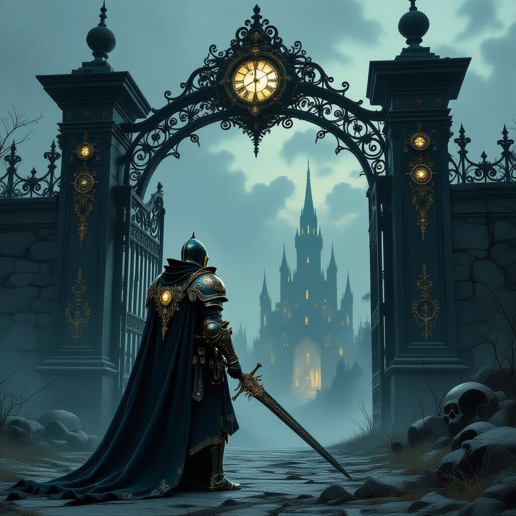 Baroque Knight Guarding Twilight Gate in Gothic Style