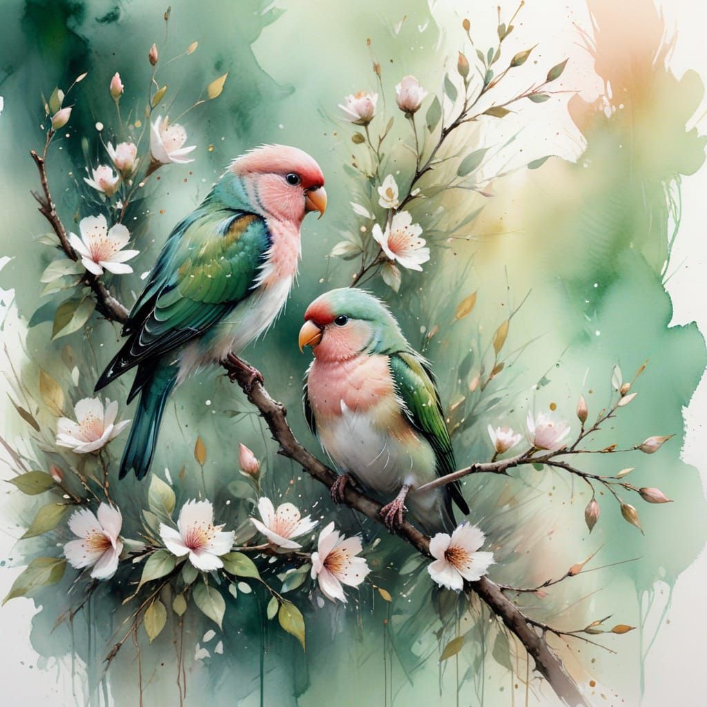 Lovebirds in Spring Orchard: Impressionistic Watercolor Pain...