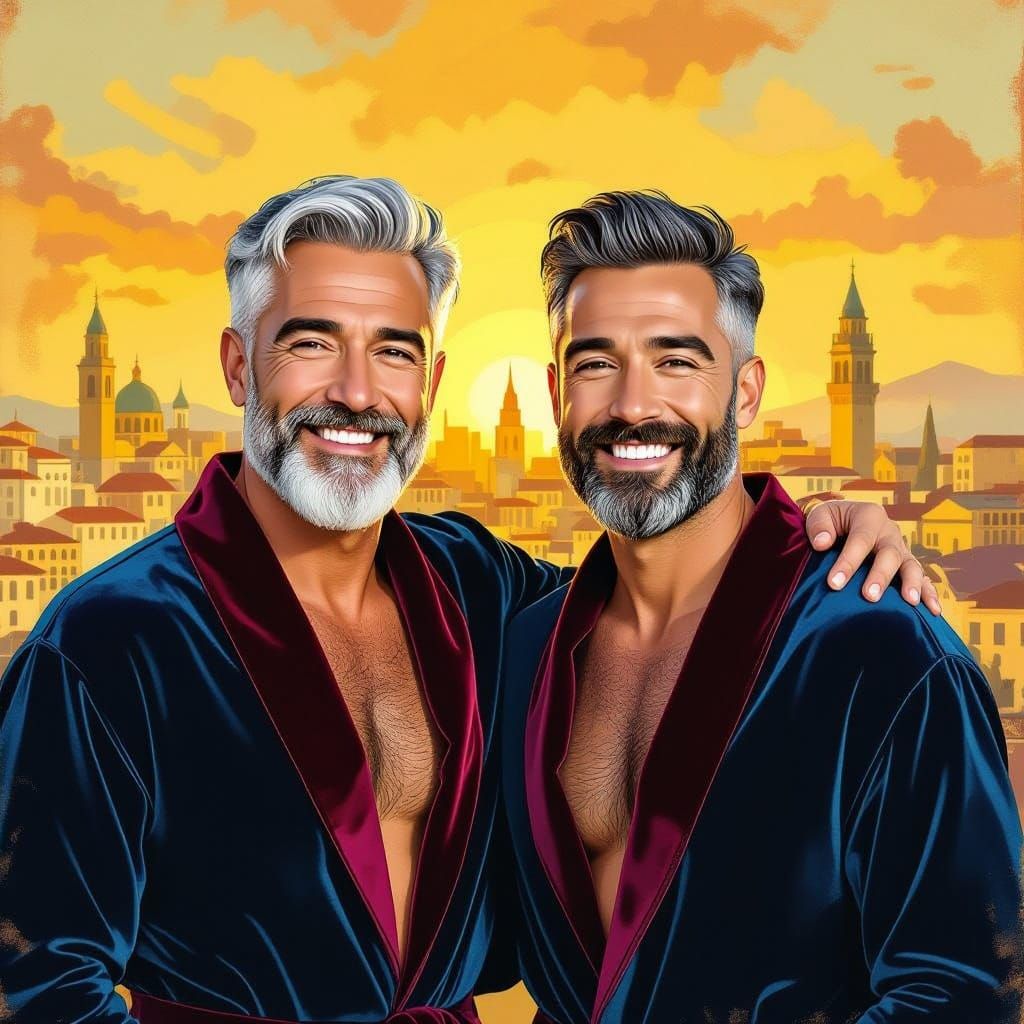 Two Smiling Men in Velvet Robes Against Golden City