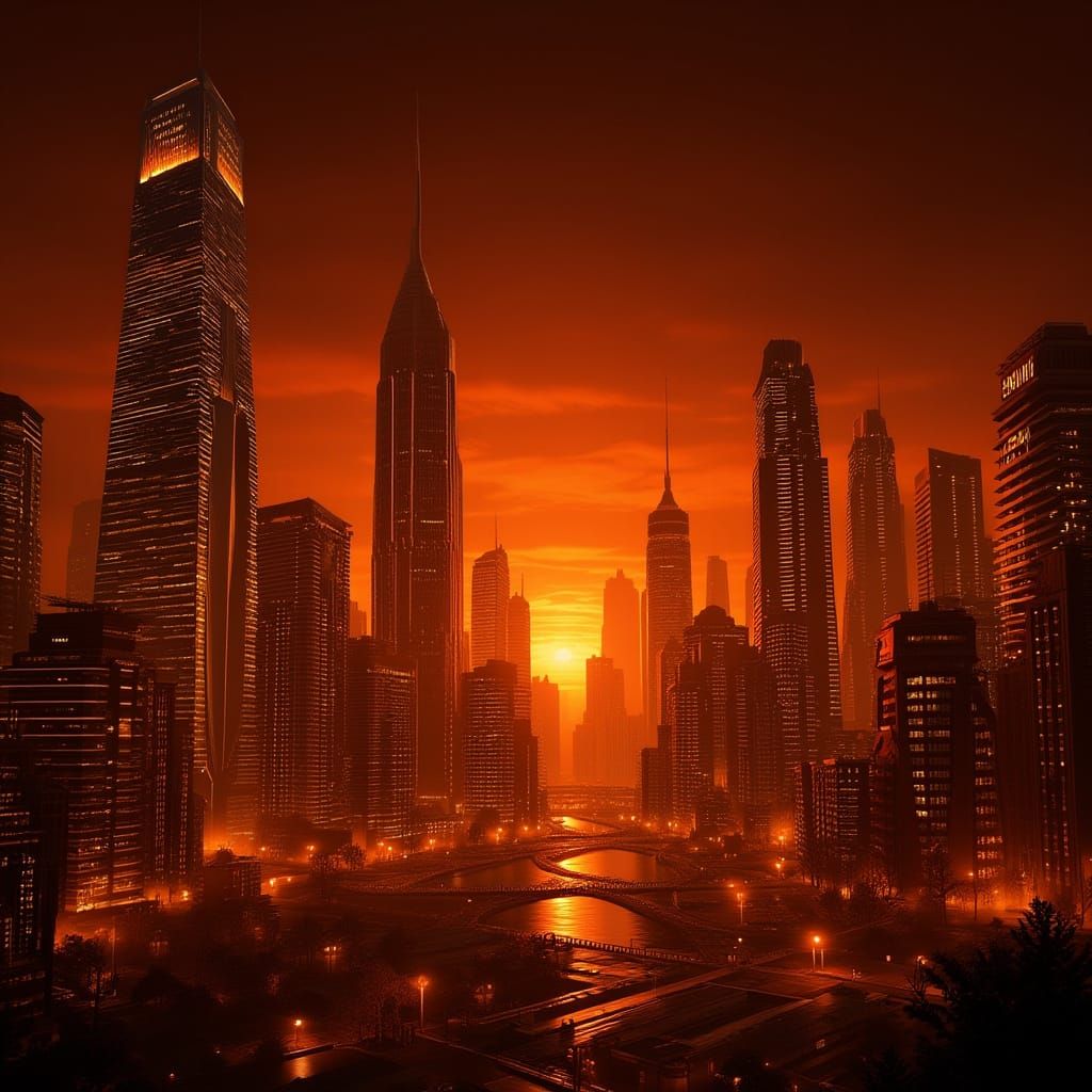 Futuristic Cityscape in Orange Hues, Cyberpunk Style