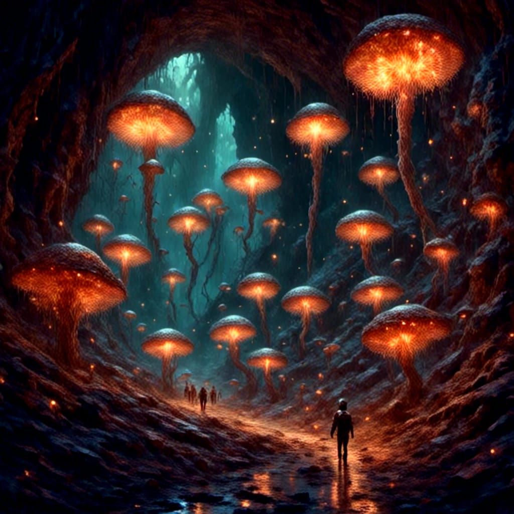 Ant People Marching Through Bioluminescent Underground Tunne...