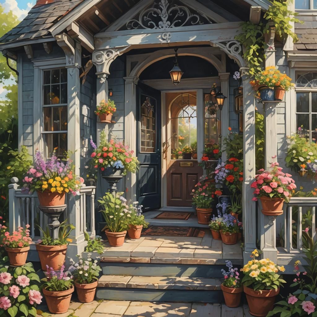 Gothic Cottage Porch with Flowers, Detailed Painting