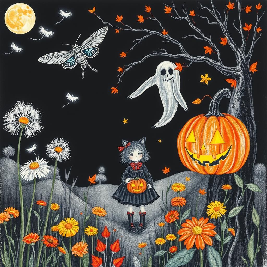 Surreal Halloween: Sugar Skull Moth in Autumn Landscape