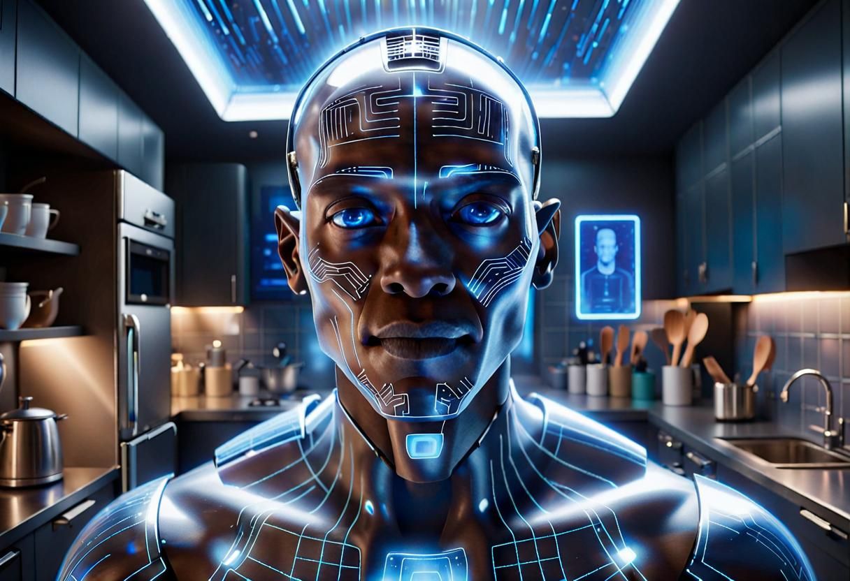 Holographic AI Assistant in Sci-Fi Kitchen