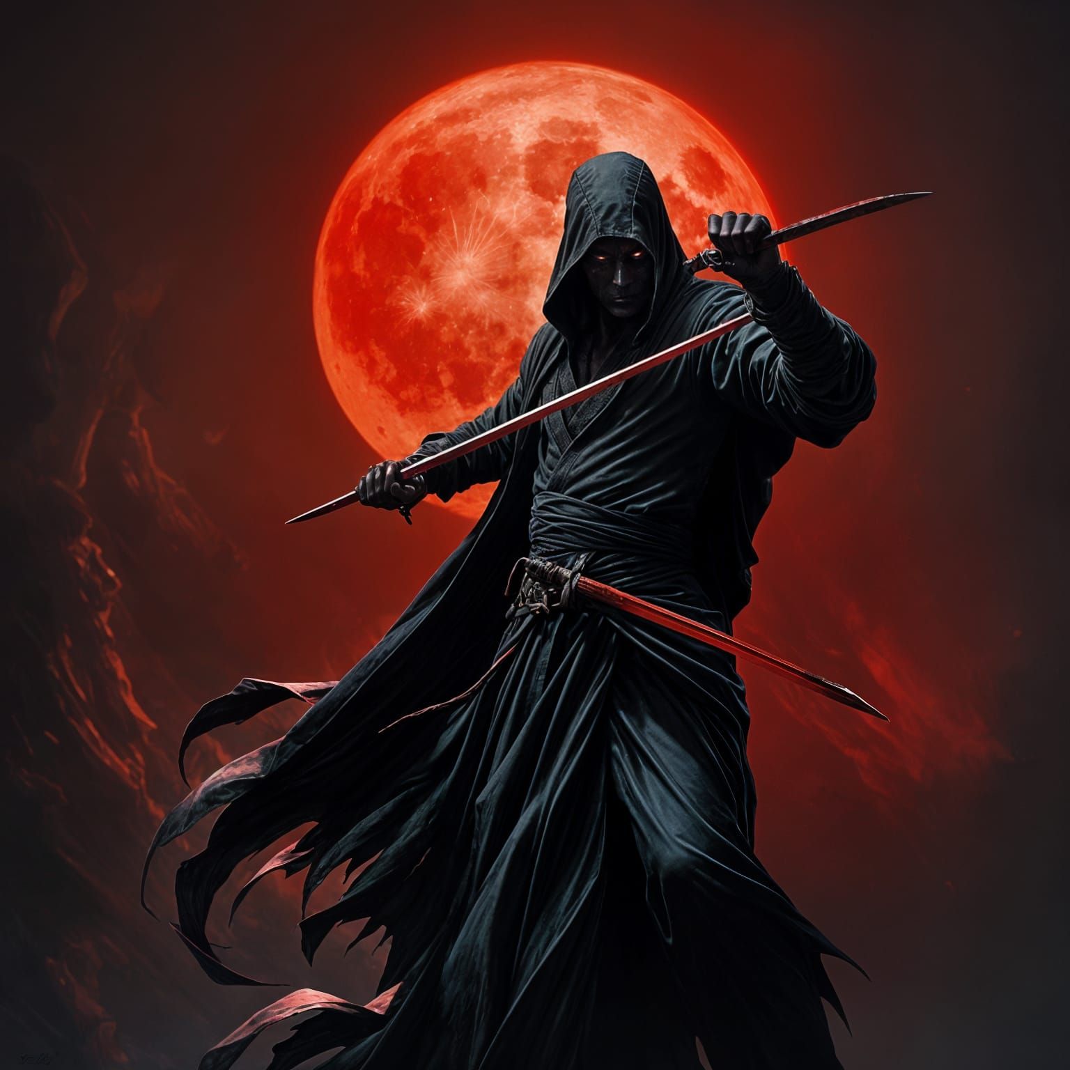 Dracula Ninja Silhouetted Against Red Moon