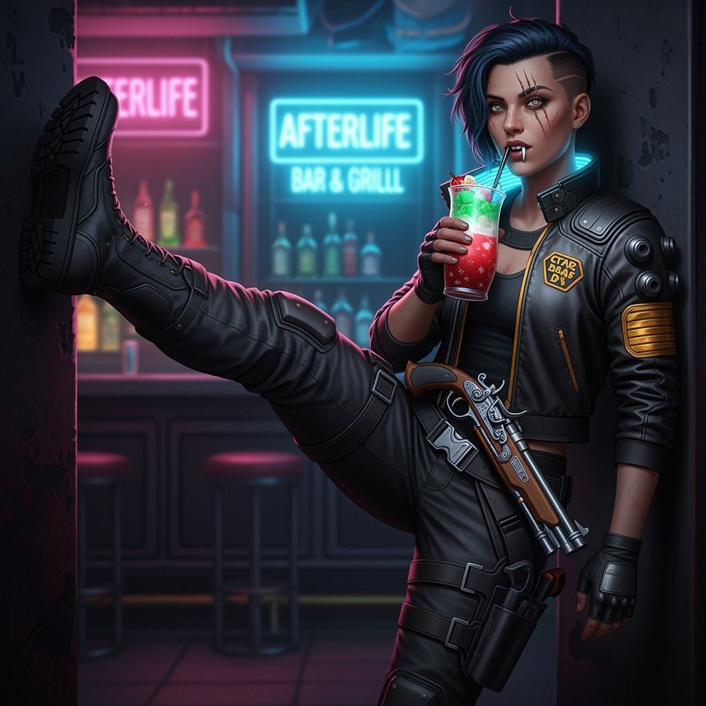 Cyberpunk Smuggler Aloy Rosehawk in The Afterlife Bar