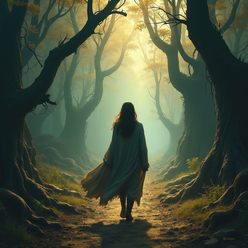 Mystical Forest Wanderer in Matte Painting Style