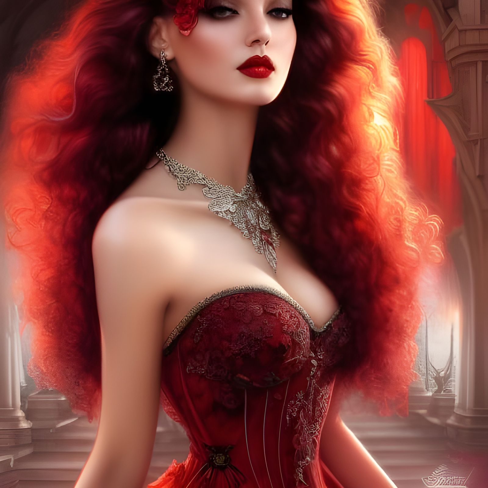 Stunning Gothic Queen in Red Dress: Fantasy Art