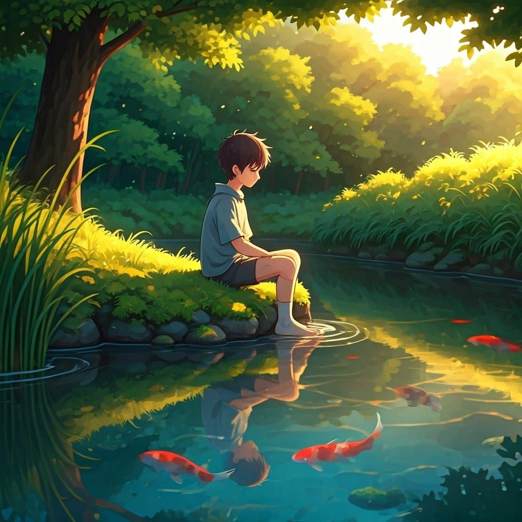 Boy Reflecting in River with Koi, Anime Style