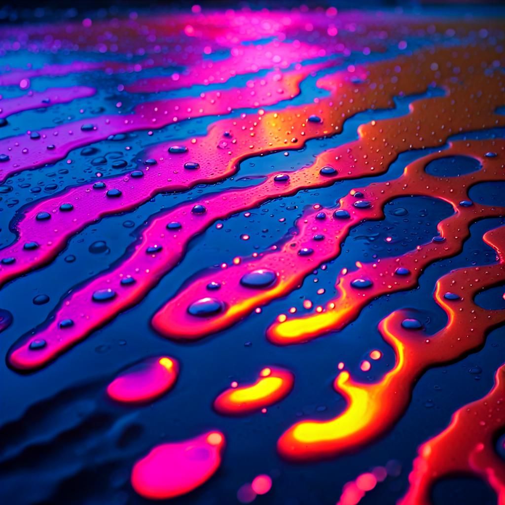 Neon Raindrops Create Ripples in a Puddle