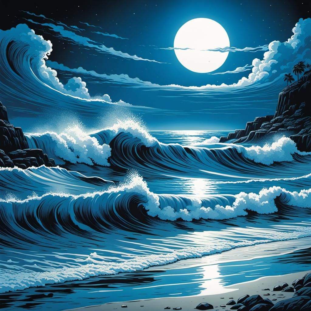Blue Bioluminescent Waves on a Blue Beach