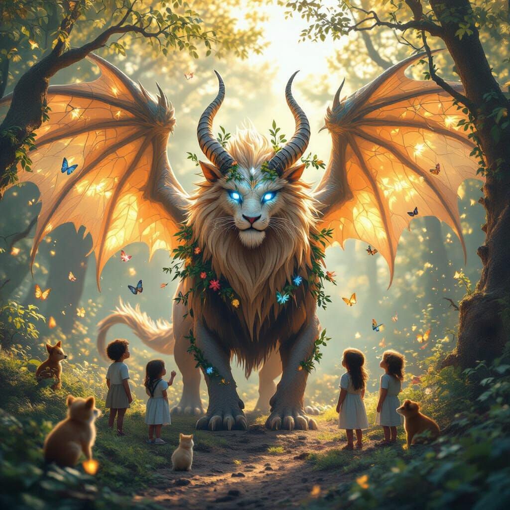 Enchanted Forest Guardian: Mythical Beast in Sunlight