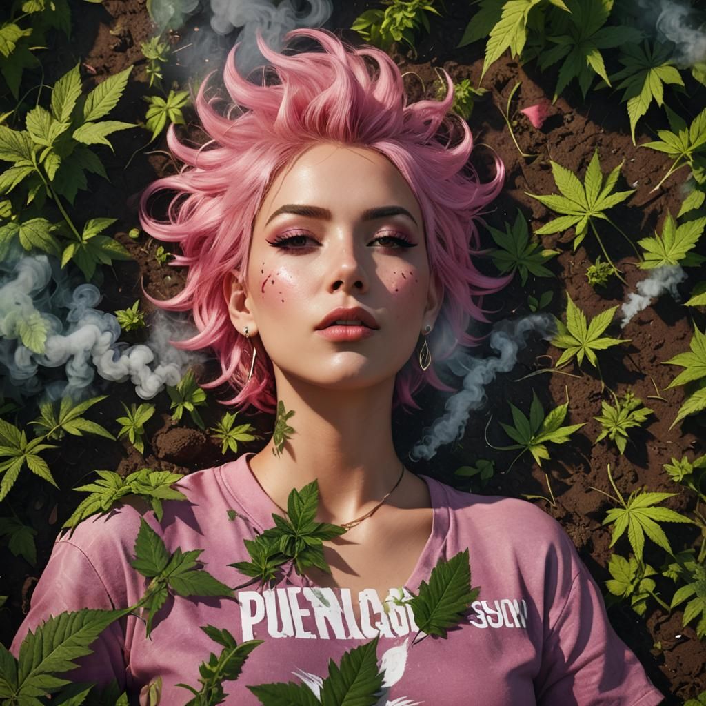 Punk Woman in Weed Leaves, Detailed Matte Painting