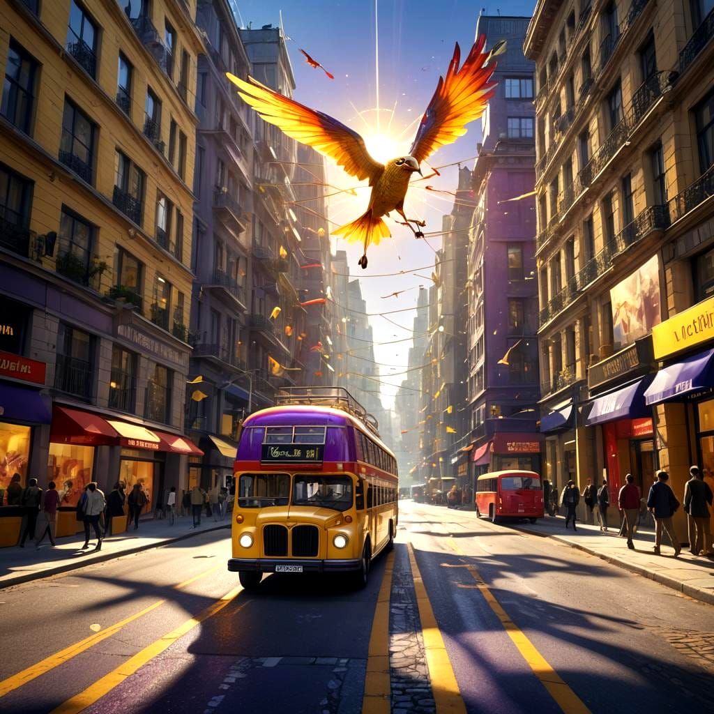Model with Flying Bus on a Lit Street