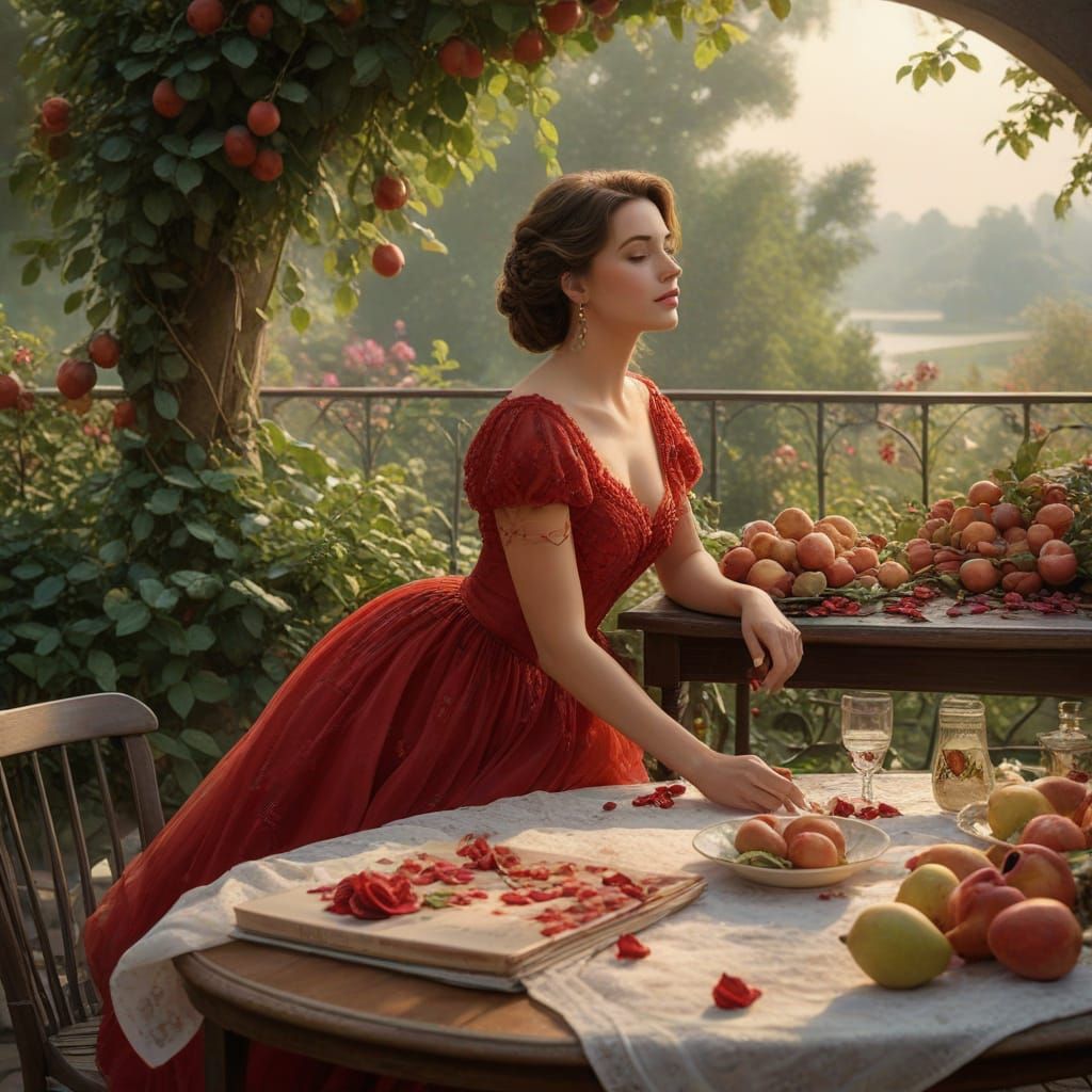 Woman in Red Dress in Ethereal Garden