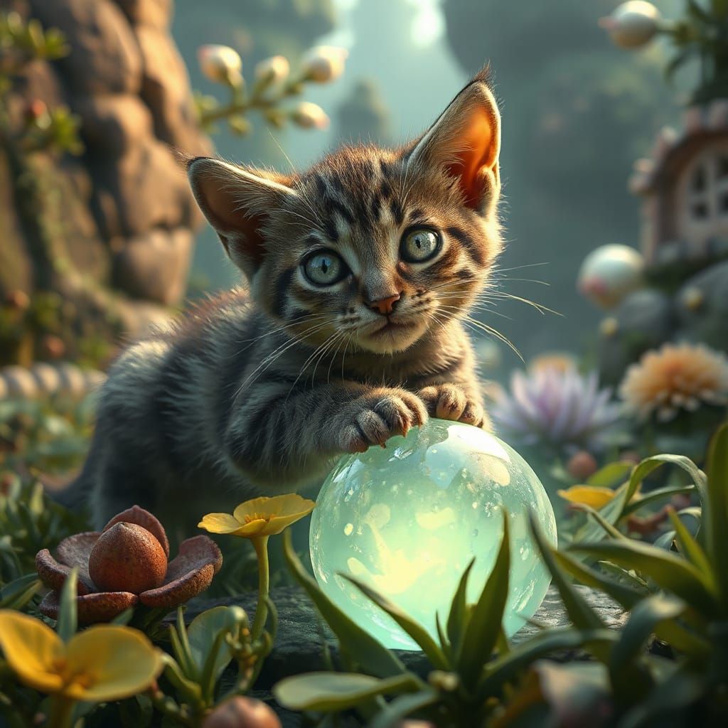 Kitten Pouncing in Whimsical Fantasy Landscape