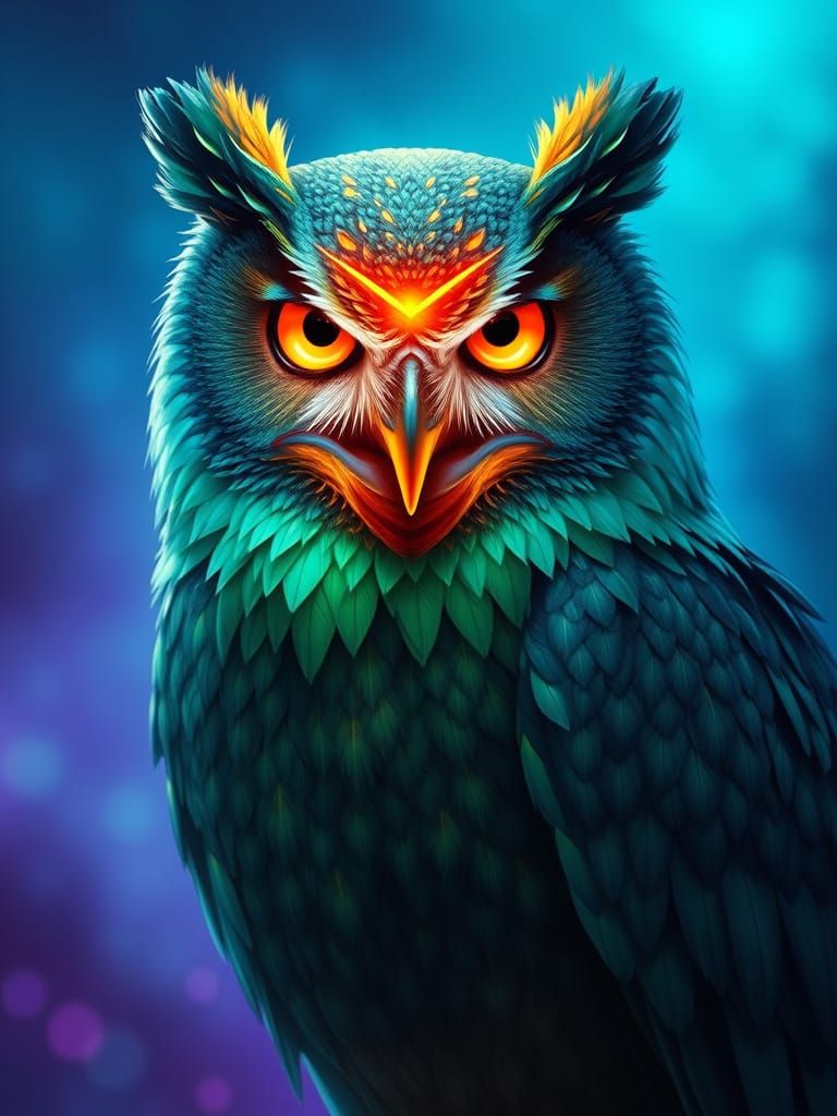Majestic Fire-Breathing Owl in Celestial Realm