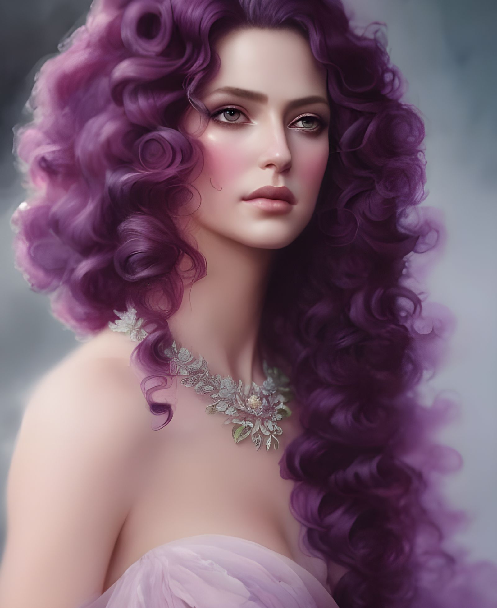 Purple-Haired Goddess in Watercolor Fantasycore Style