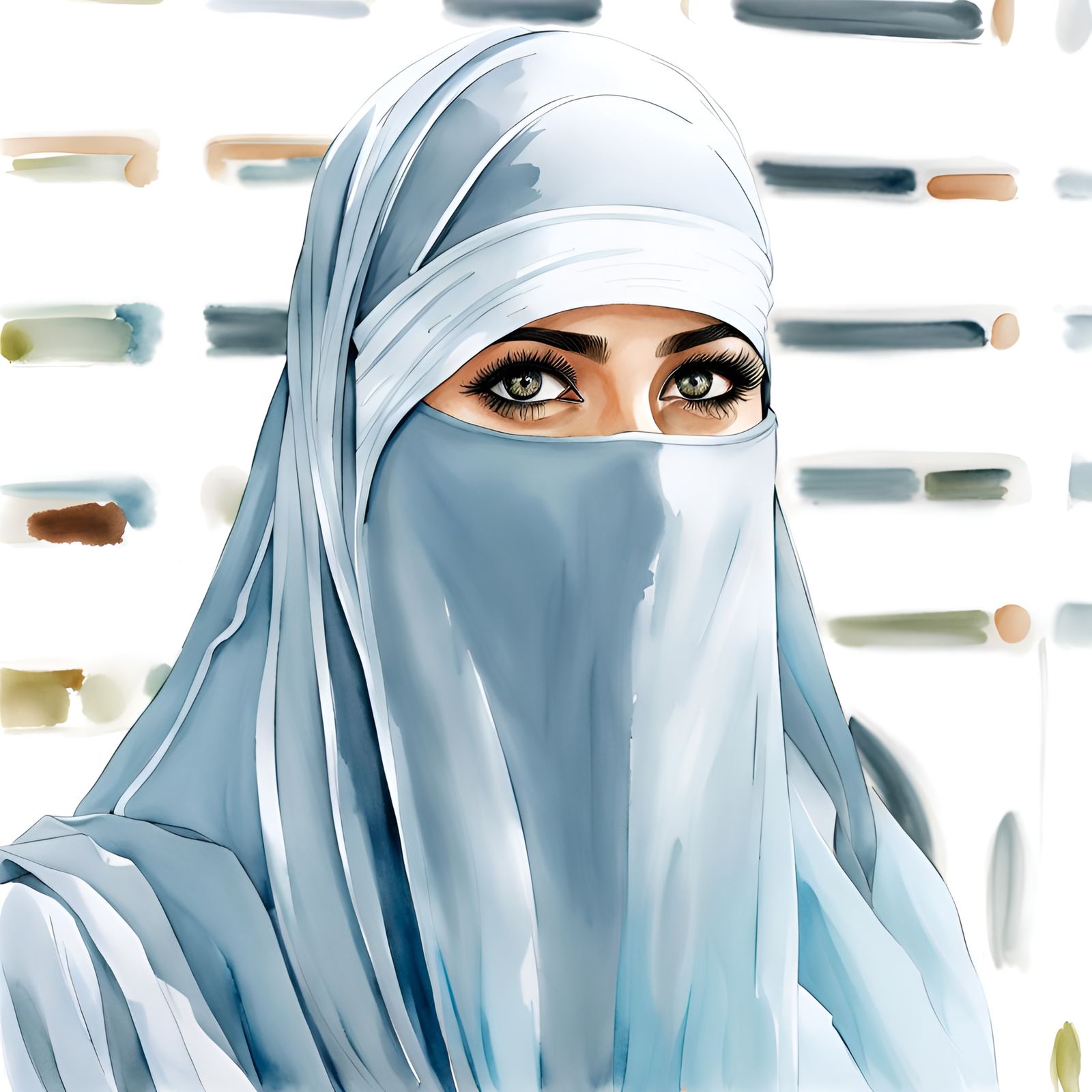 Beautiful Woman in Niqab: Watercolor and Ink Sketch