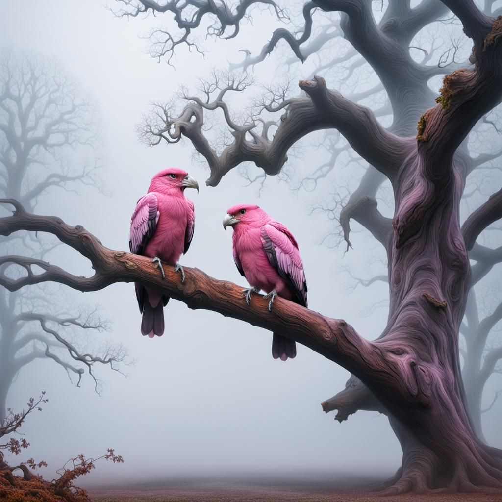 Pink Birds in Fog on Ancient Oak