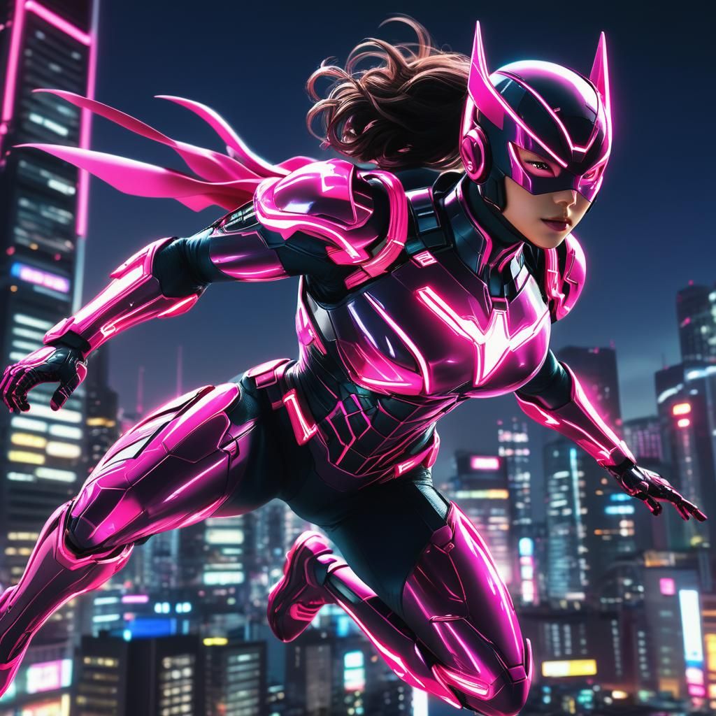 Neon Pink Armored Superhero Flies Over Tokyo