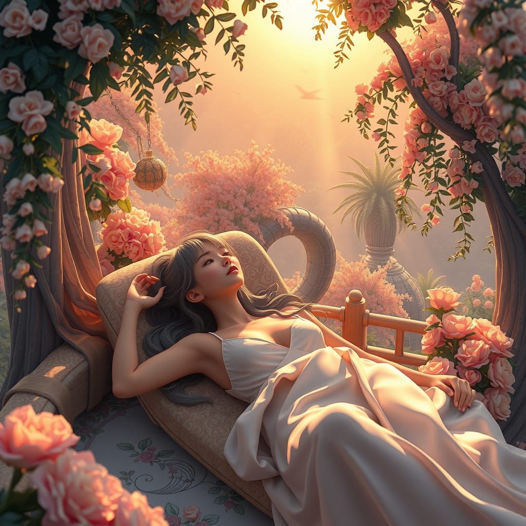 Idyllic Summer Woman in Art Nouveau Anime Style