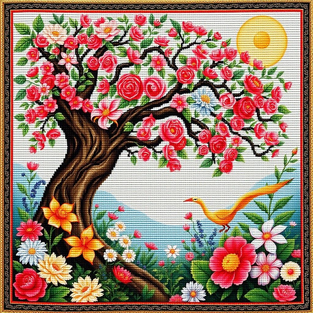 intricate Anime Needlepoint, Secret Garden, Flowers, Tree of Life, tapestry