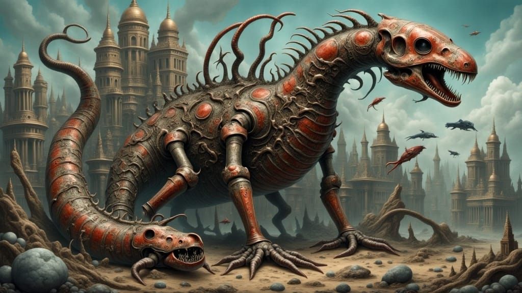Colossal Hydra-Leviathan Skeleton in Ruined City