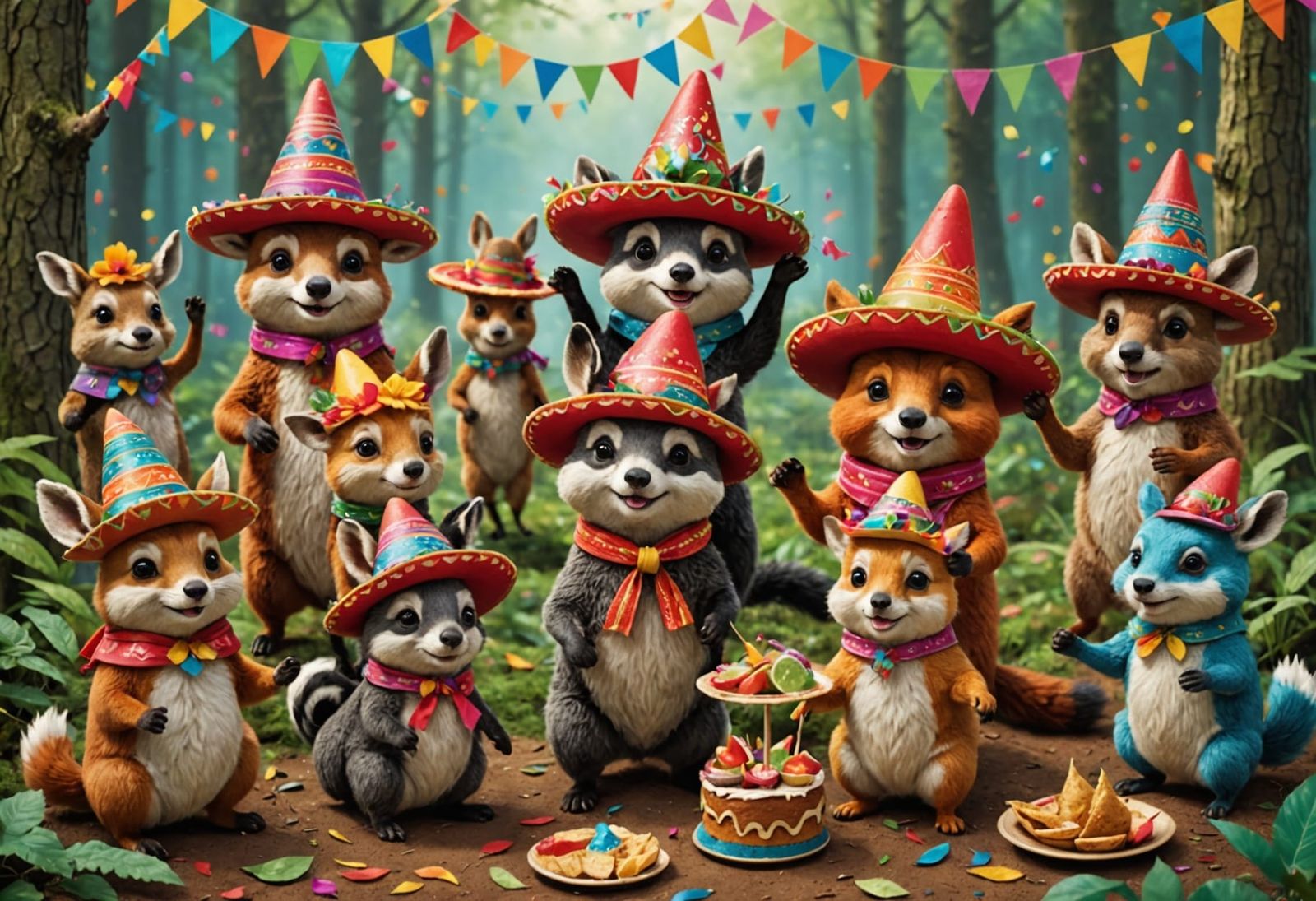 Forest Animals Festive Fiesta in Woods