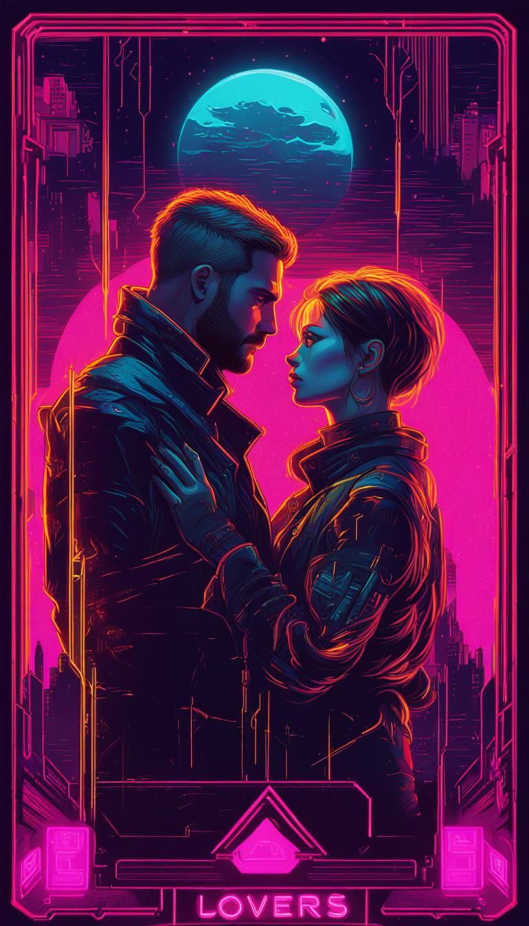 Cyberpunk Lovers Tarot Card in Neon