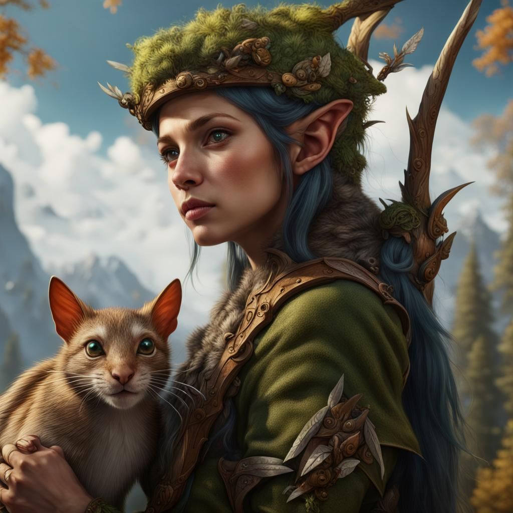 Wood Elf with Chipmunk, Detailed Fantasy Art