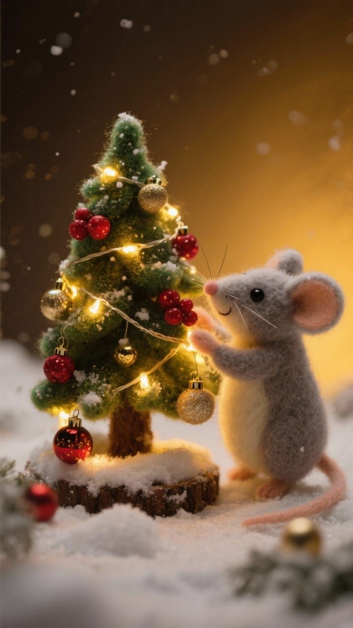 Felt Mouse Decorates Tiny Christmas Tree in Snowy Scene