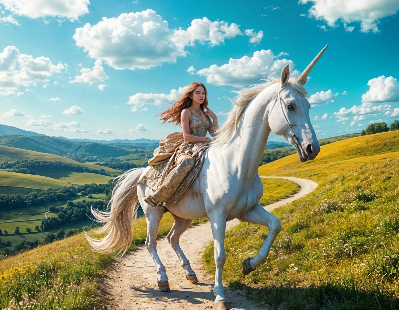 Young Woman Rides a Majestic White Unicorn Through a Sunny C...