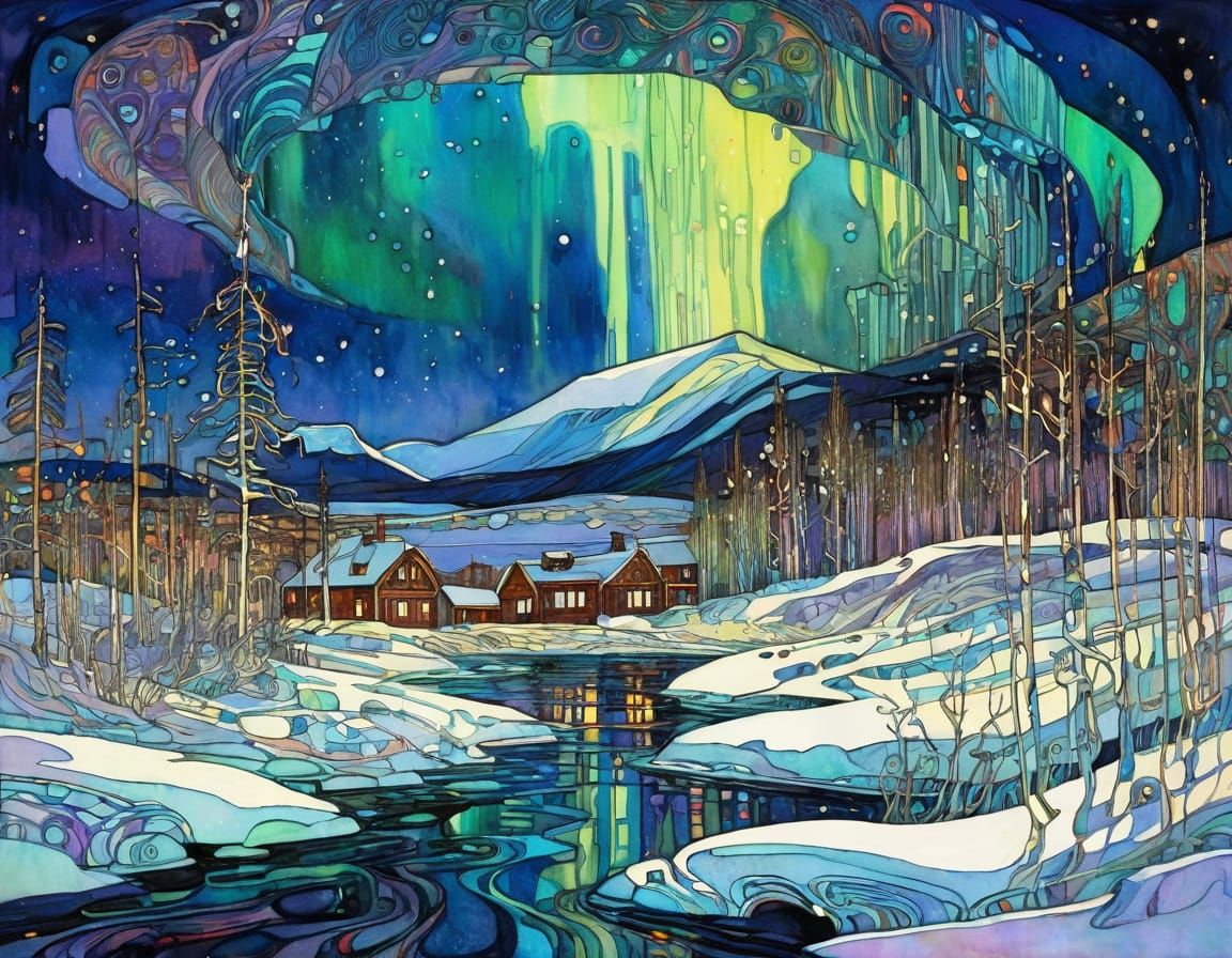 Aurora Borealis Arctic Landscape in Klimt Style