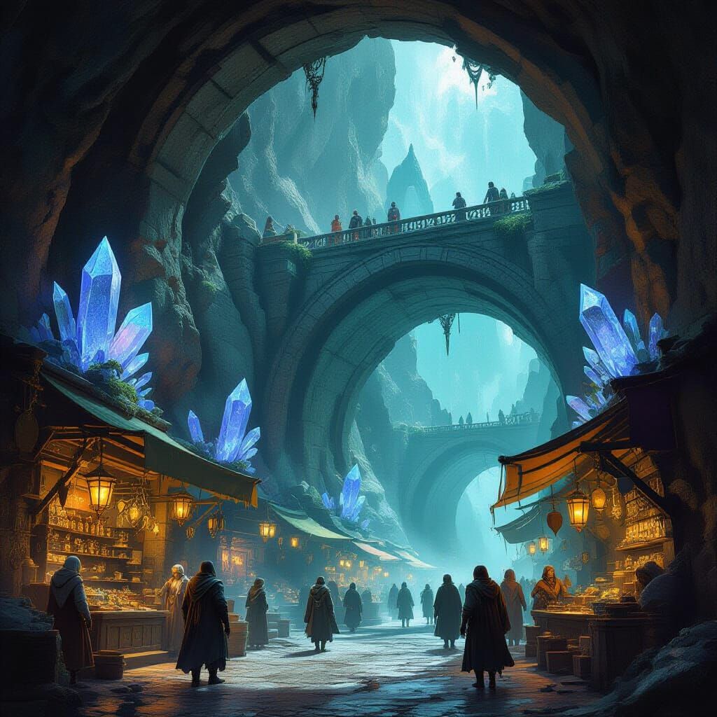 Fantastical Marketplace in Crystal-Lit Cavern Alley