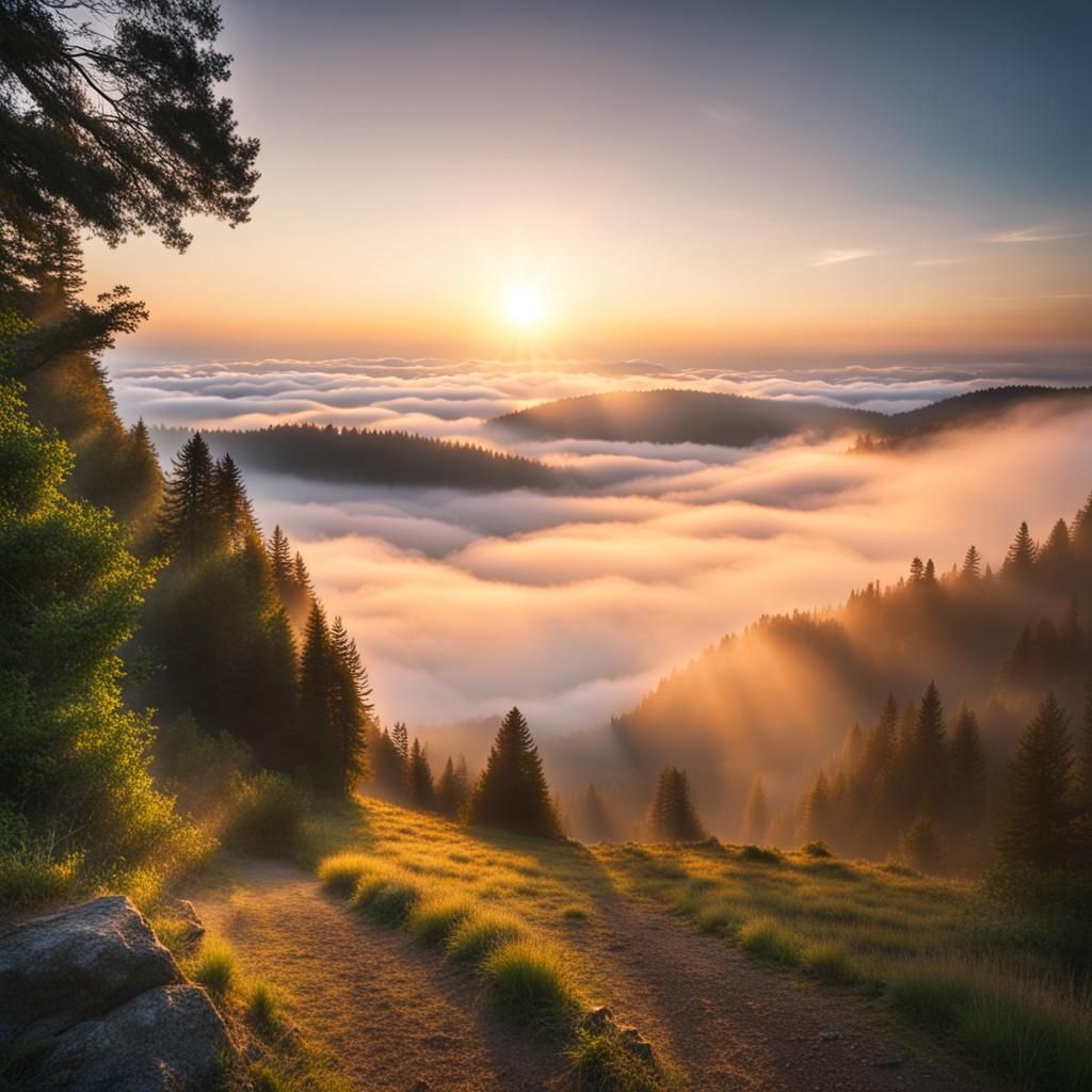 Dawn Over Foggy Mountain with Heavenly Sunshine