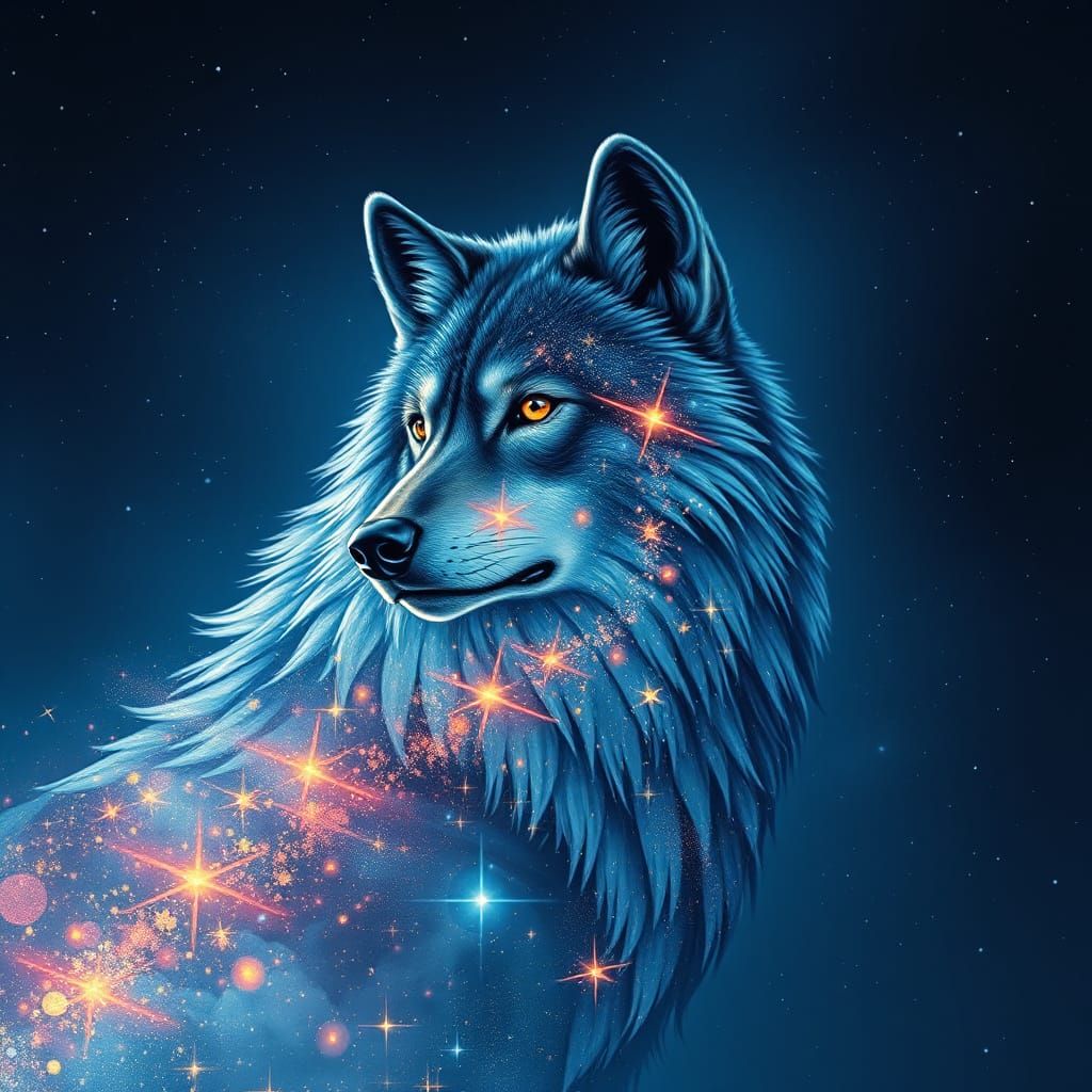 Celestial Wolf in Cosmic Surrealism Style