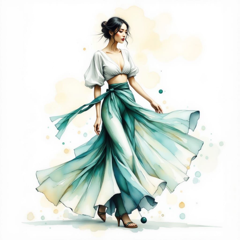 Fashion Model Sketch in Dynamic Motion, Watercolor Mix Style