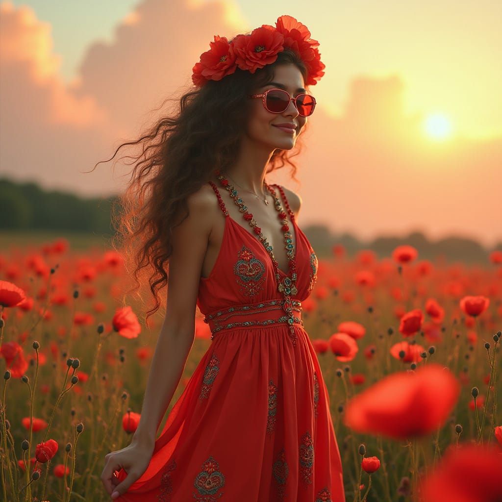 Surrealist Free Spirit in Red Maxi Dress with Floral Halo