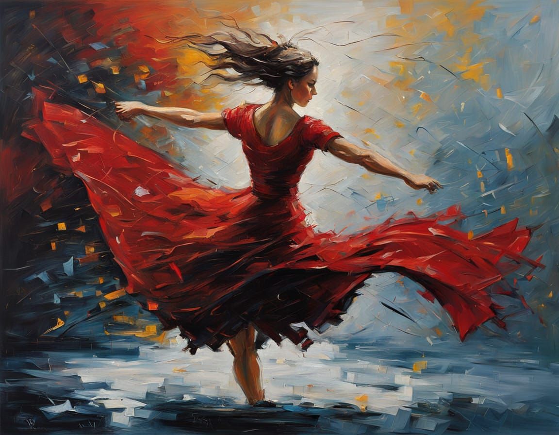 Expressive Oil Painting of Dancer in Rainy Alley