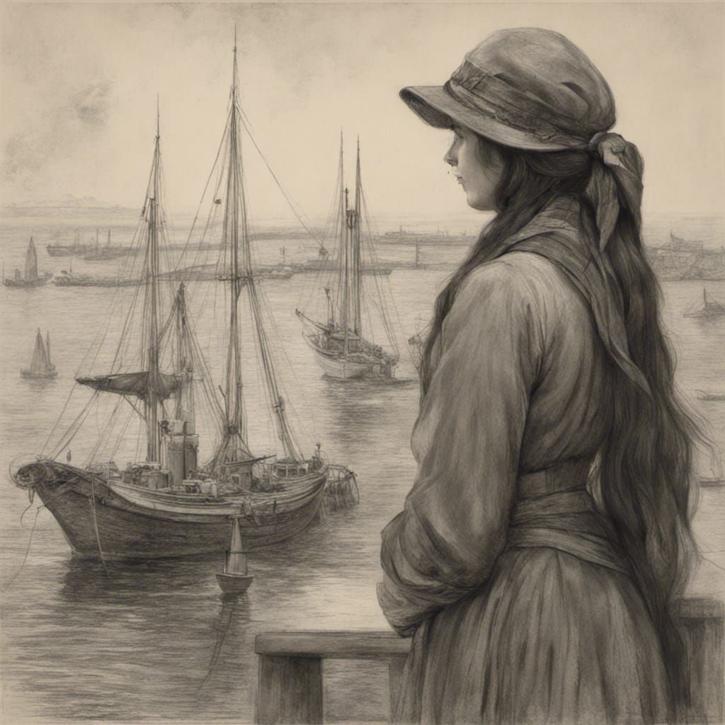 Hyperdetailed Charcoal: Woman Overlooking 1880s Harbor