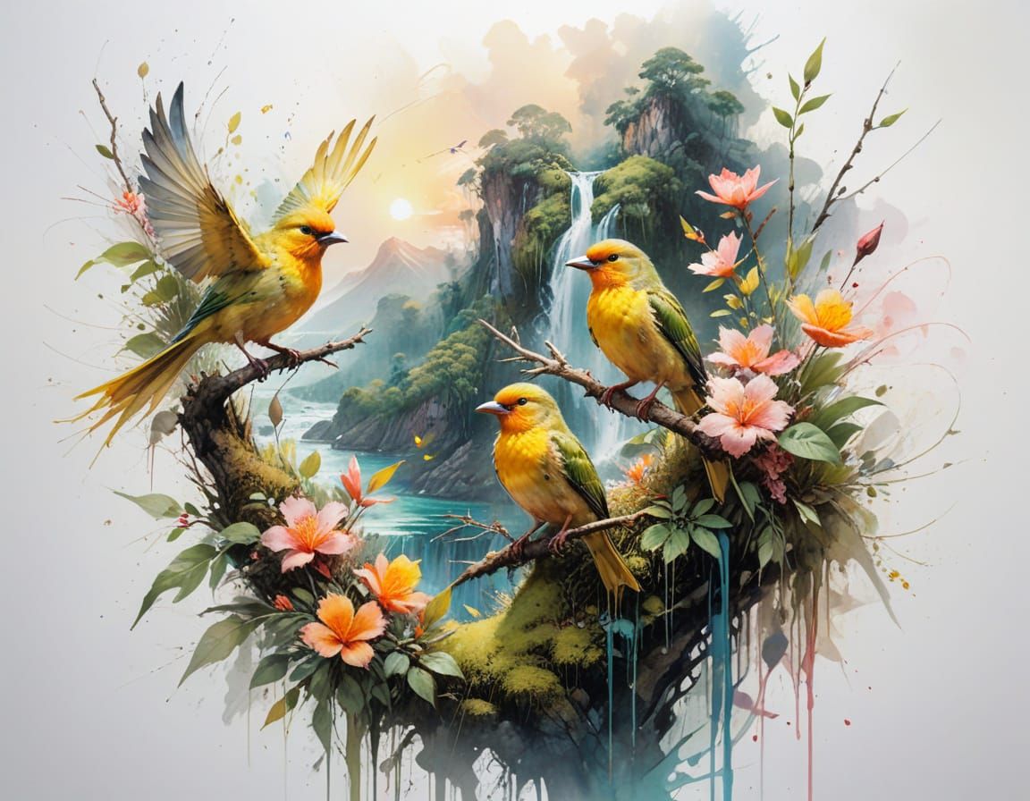 Vibrant Tropical Paradise Birds at Sunrise