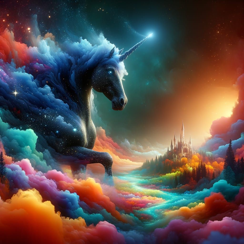 Majestic Black Unicorn Emerges from Morning Fog