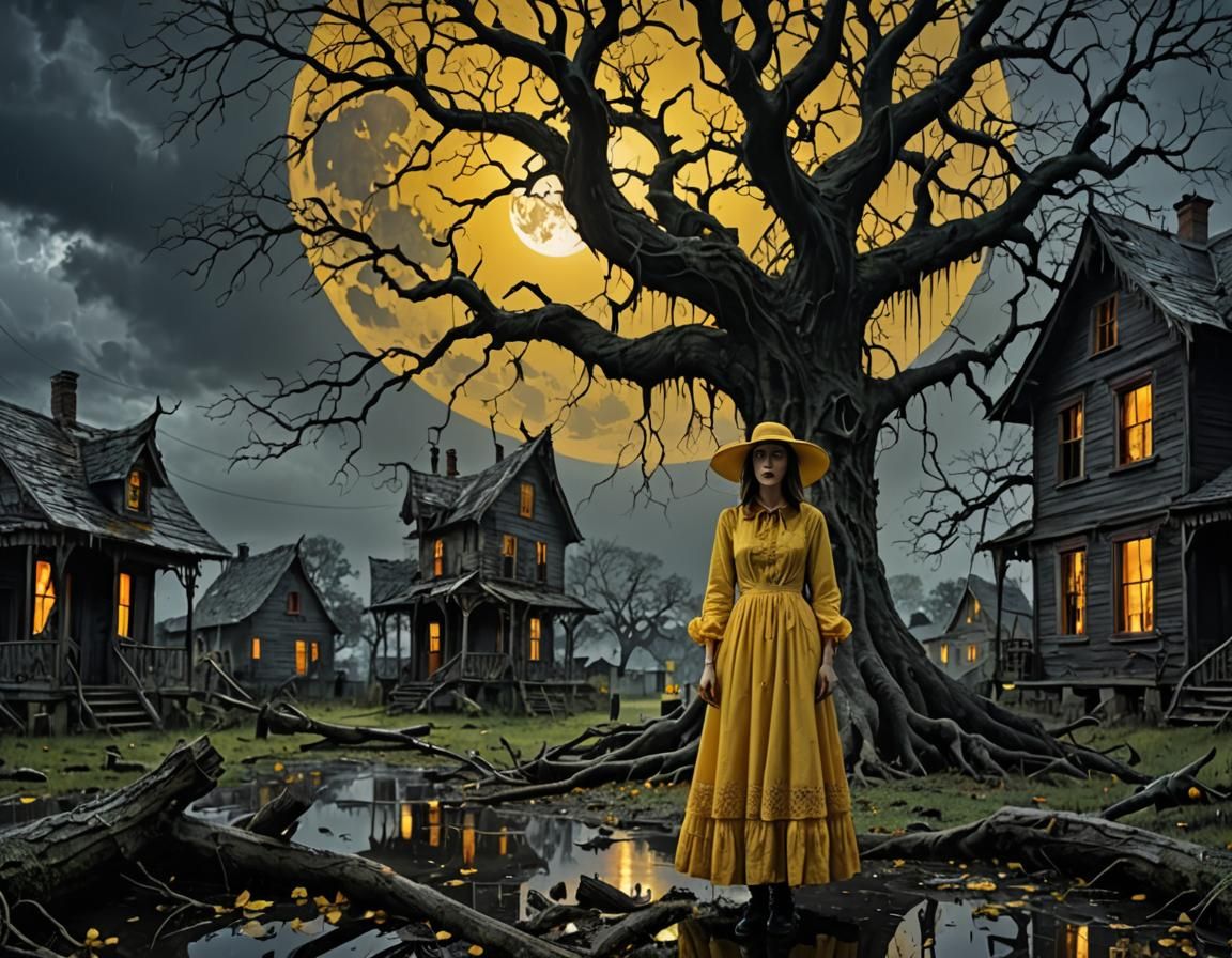 Ghostly Witch in Stormy Graveyard Landscape